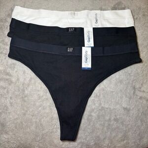 GapBody Womens Cotton Rib Thong Panties 3 Pack Black White Navy Blue Large NWT